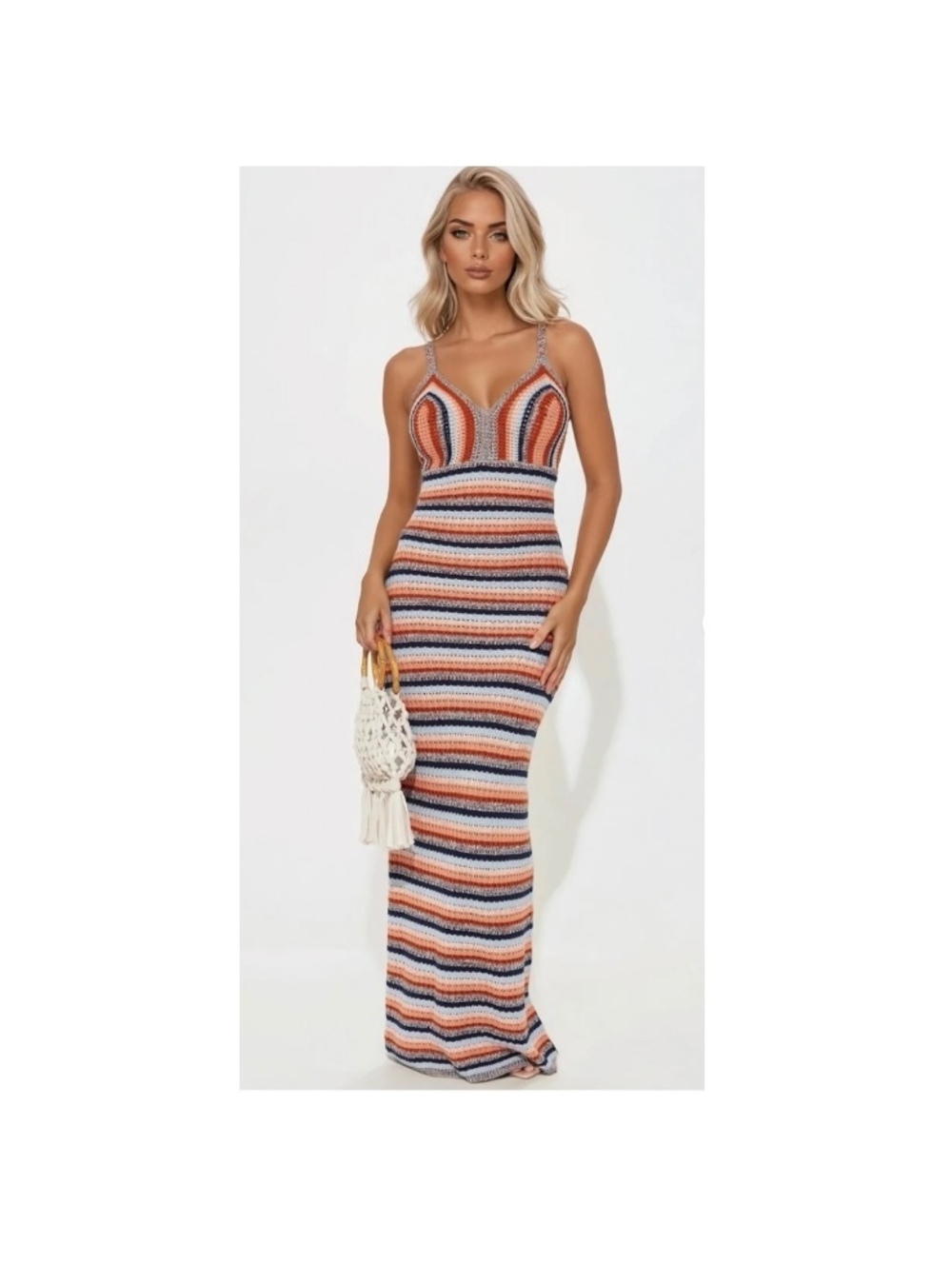 NWT Fashion Nova Crochet Dress Striped y2K 90s Maxi Indie Cover-up Festival 70s